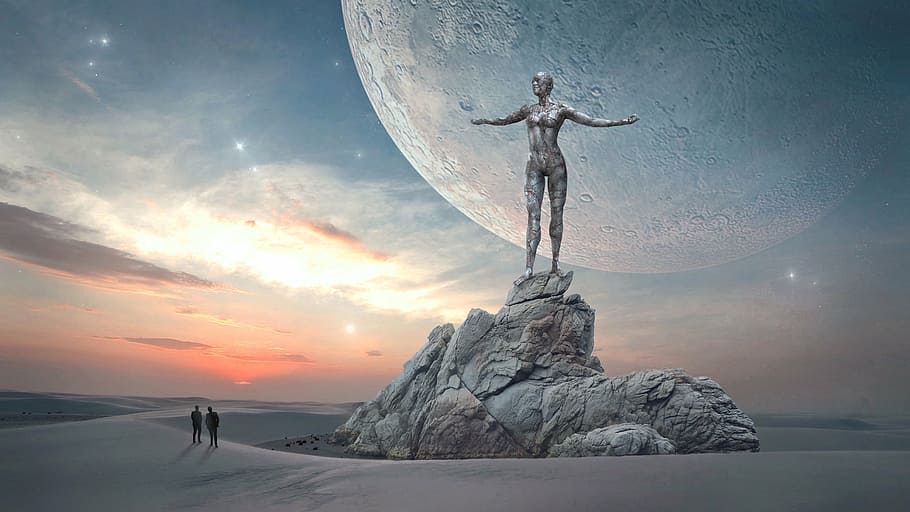 Due, persone, in piedi, davanti, donna, statua di profilo, fantasia, paesaggio, cielo, Luna, pianeta