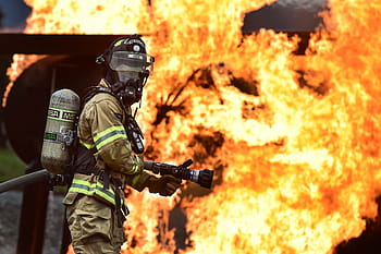 Feuerwehrmann, fangen, Feuer, tragen, Maske, Ausbildung, Leben, kontrolliert werden, Schutz, Achtung, Ausrüstung