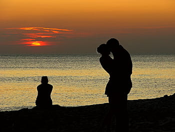 silhouette of couples, lovers, pair, love, jealousy, rivalry, separation, leave, lonely, loneliness, sunset