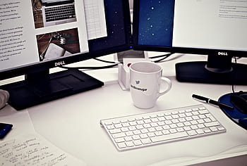 desktop, computer, keyboard, dual monitors, screens, mouse, peripherals, coffee, cup, mug, desk