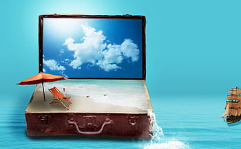 Marrone, valigia, sabbia, acque della spiaggia, lontano, nave, miniatura, fantasia, bagaglio, mare, spiaggia