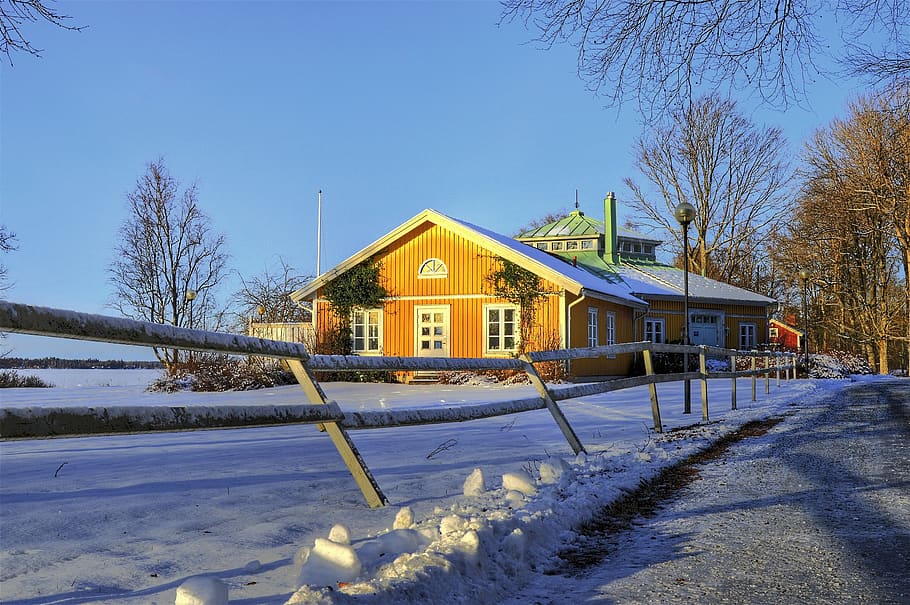 strom, plot, Dům, näsudden, värnamo, Švédsko, venkovní, sníh, zimní, dnes, modrý