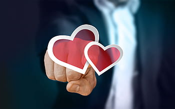 person, pointing, two, red, hearts illustration, businessman, finger, touch, turn on, love, heart
