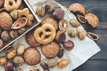 pastries, top, white, paper, donut, sweet, pretzel, food, dessert, peanut, cookies