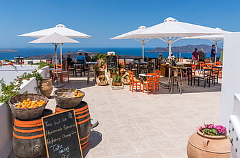brown, white, patio table, set, roof, top, santorini, oia, restaurant, view, people