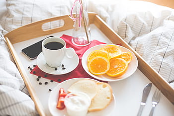 &, sarapan pagi, tempat tidur, Segar, amp, Romantis, Pagi, Sarapan di tempat tidur, sarapan, kopi, biji kopi