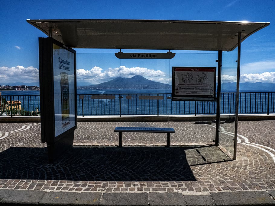 autobus, stop, panoráma, Pohled, vesuvio, Neapol