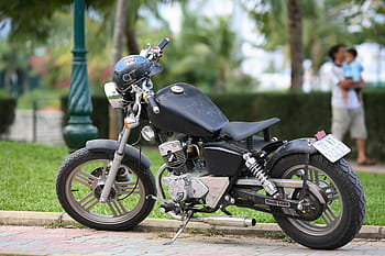 zaparkováno, Černá, motocykl, šedá, chodník, motorka, vozidlo, kolo, silnice, doprava, jízda