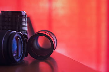 dslr fotoaparát, stůl, dva, objektiv, mělký, soustředit se, fotografování, Černá, Fotoaparát, odraz, Červené