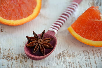 spices, anise, orange, red orange, wooden spoon, star anise, ingredients, cuisine, food, cooking, christmas