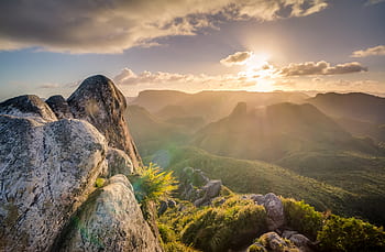 sunlight, sun rays, sky, clouds, mountains, hills, valleys, landscape, nature, cliffs, rocks
