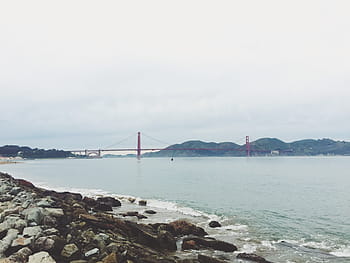 zlatý, hradlový most, San Francisco, Kalifornie, moře, oceán, voda, vln, Příroda, skály, horizont