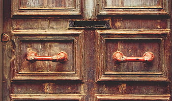 hnědý, dřevěný, dveře, rukojeti, dřevo, poštovního slotu, Rukojeť, vinobraní, vchod, detail, dřevo - materiál