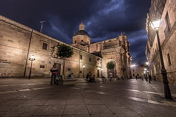 people, standing, cathedral, salamanca, plaza, church, architecture, spain, street, night, europe