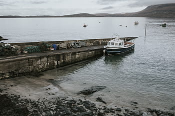 white, motorboat, concrete, wall, daytime, nature, landscape, mountain, clouds, sky, water