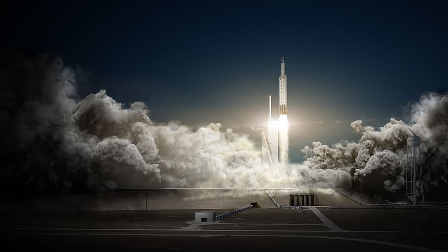 falco pesante, missile bianco, lancio diurno, lancio del razzo, esplorazione dello spazio, SpaceX, trampolino di lancio, pennacchio di fumo, cielo notturno, motori potenti, Tecnologia aerospaziale