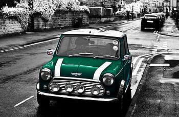 selektivní, fotografie, zelená, bílý, mini, bednář, 3-dveře, hatchback, zaparkováno, silnice, britská závodní zelená
