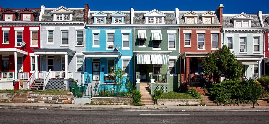 white, red, gray, blue, painted, buildings, washington dc, c, city, cities, urban