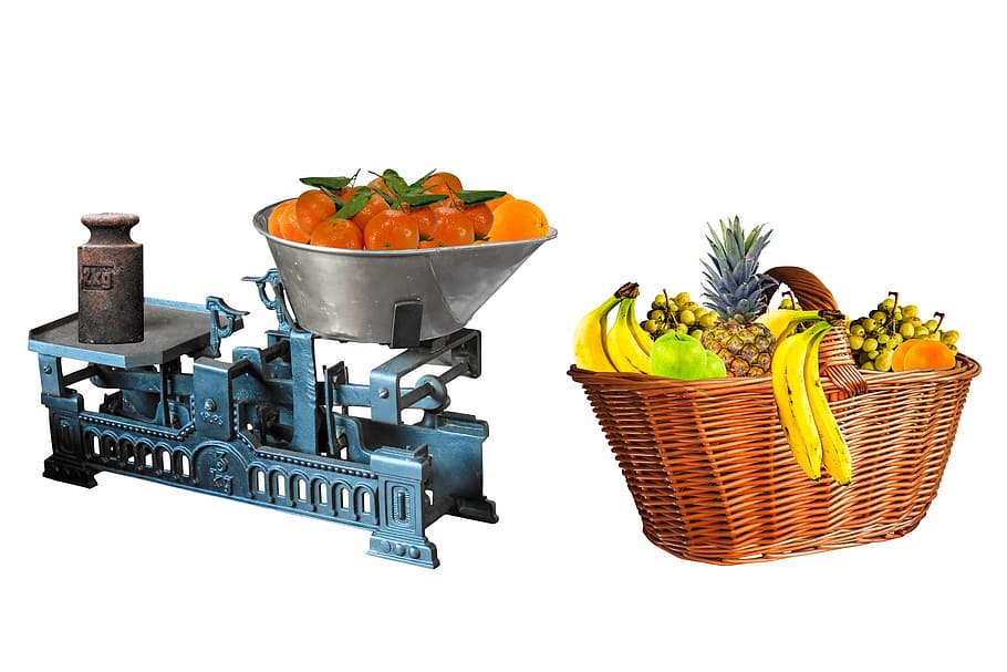 hnědý, proutěný koš s ovocem, jíst, jídlo, ovoce, banán, ananas, hrozny, pomeranče, mandarinky, košík