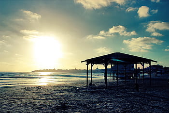 silueta, glorieta, cuerpo, agua, negro, de madera, choza, cerca, amanecer, playa, arena