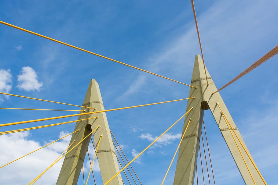 bridge, pylons, millenium, kazan, yellow, blue, sky, blue sky