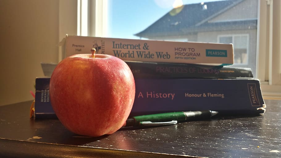 Buku Pelajaran, Apple, Pensil, Belajar, Rumah, apel, makanan ringan, pendidikan, informasi, buku kerja, buah
