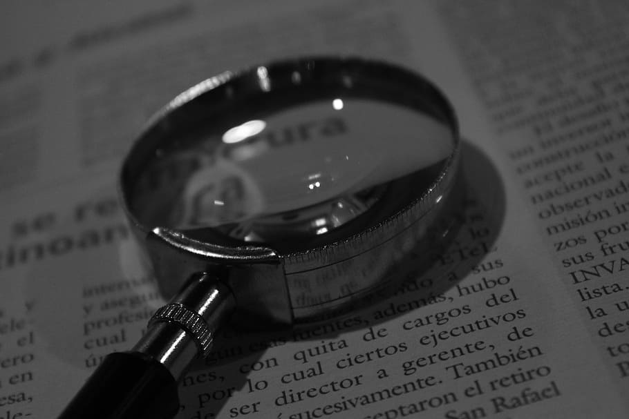 grey, magnifying, glass, white, book, increase, reading, text, read, document, zoom