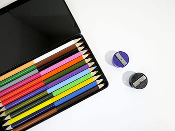 Colorful, Colored Pencils, Creativity, white, box, sharpener, artist, multi colored, white background, studio shot, indoors
