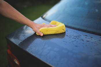 person, holding, yellow, textile, black, vehicle, cleaning, washing, carwash, sponge, car