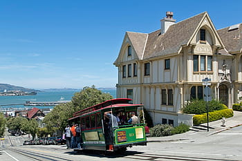 people, riding, tram, san francisco, california, city, cities, urban, hill, cable car, bay