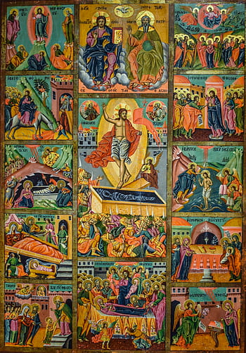 icon of the 12 great feasts, icon, religion, christianity, orthodox, byzantine museum, makrinitsa, greece, 19th century, art, painting