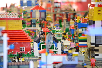 selettivo, foto di messa a fuoco, villaggio di giocattoli lego, Lego, Legoland, legostadt, costruzioni, legos, fuori lego, bambini, giocattoli