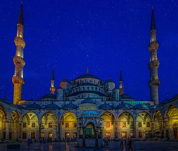 žlutá, bílý, mešita, modrý, obloha malování, modrá mešita, krocan, Istanbul, náboženství, světlo, noc