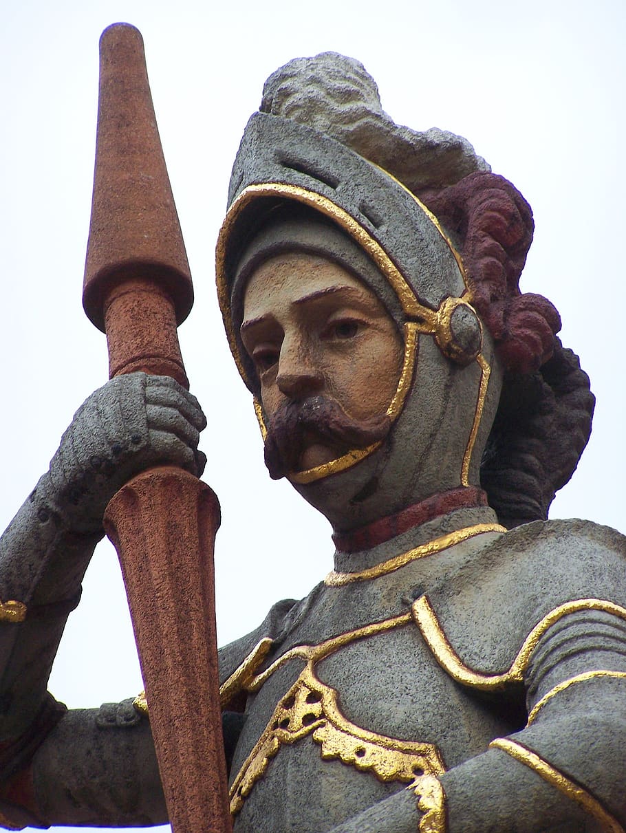 svatý, georg, postava, fontána, ulm, drakobijec, rytíř, plastický, St george, zblízka, tvář