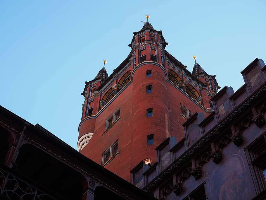 basel city hall, tower, town hall tower, courtyard, painting, town hall, basel, building, architecture, fassadenmalerien