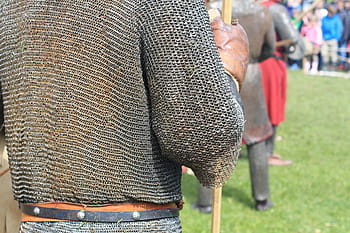 person, warrior suit, standing, grass field, chain armor, chainmail, ringmail, warrior, hauberk, armor, mail
