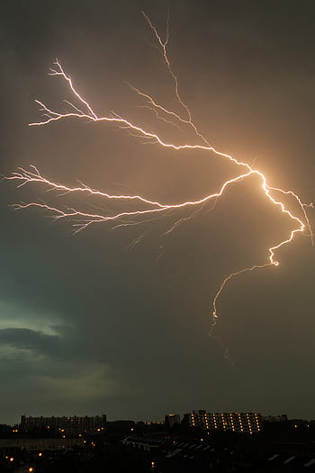 lampo arancione, alleggerimento, colpito, bullone, tempo metereologico, tuono, buio, fulmine, elettricità, cielo, tempesta
