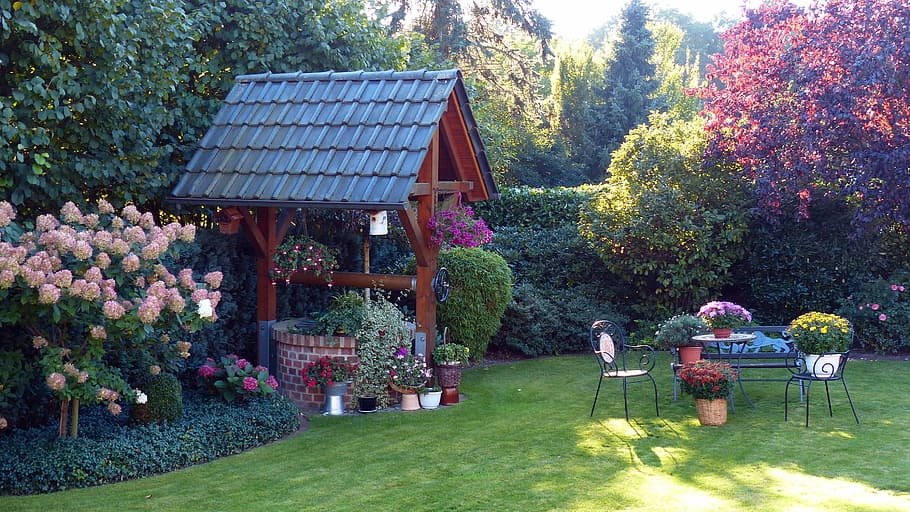 water, well, canopy, garden, Fountain, Flowers, Garden Design, grass, tree, plant, day