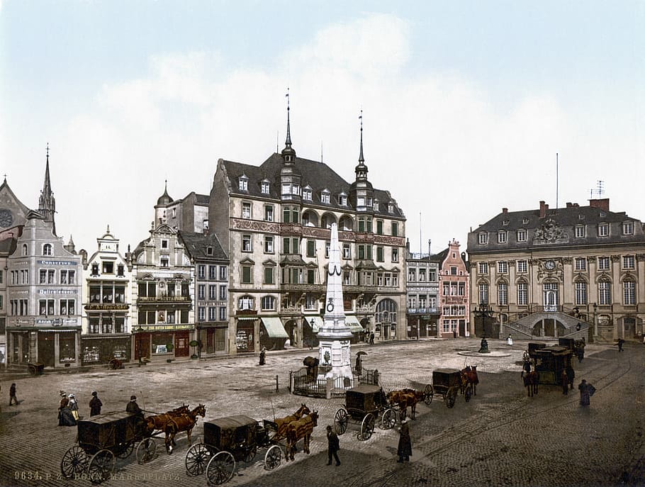 carrozze a cavalli, davanti, edifici, Municipio, carrozza trainata da cavalli, Bonn, 1900, photochrome, mercato
