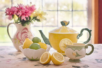 yellow, ceramic, teapot, lemonade, cup, bowl, flower centerpiece, tea with lemon, still-life, tea pot, flowers in pitcher