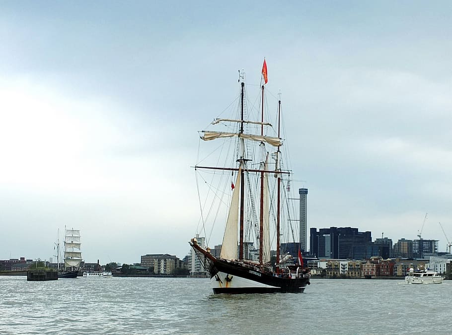 river, thames, ship, sail, masts, city, uk, tall, schooner, hull, mizzen