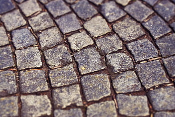 closeup, gray, concrete, stepping, stones, ground, cobblestone, patch, road, away, cobblestones