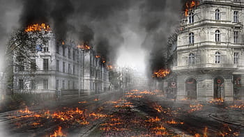 vypálili město, armageddon, zničení, apokalypsa, katastrofa, válka, oheň, nukleární, nebezpečí, kouř, exploze