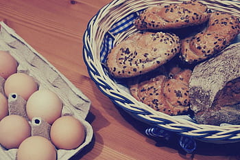 hnědý, pečivo, tkaný, košík, zavřít, fotografie, čerstvý, vejce, zásobník, cookies, chléb