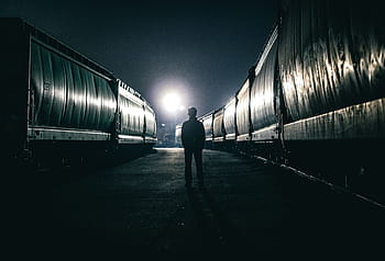 silhouette, uomo, in piedi, veicoli, notte, buio, persone, tipo, solo, camminare, strada