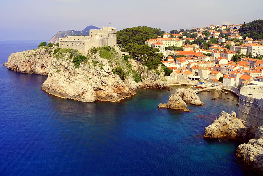 beige, green, island, green island, dubrovnik, sea, croatia, fortress, mediterranean Sea, mediterranean Countries, coastline