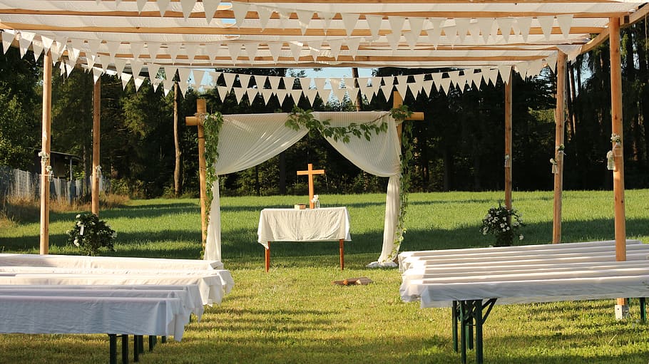 svatba, oltář, lavičky, Příroda, oženit se, manželství, milovat, bílý, oslava, romantika, svatební obřad