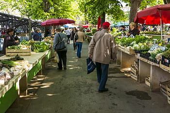 lidé, chůze, cesta, zeleniny, stojí, trh, trhu se zeleninou, místní zemědělci, stání na trhu, jídlo, zelenina