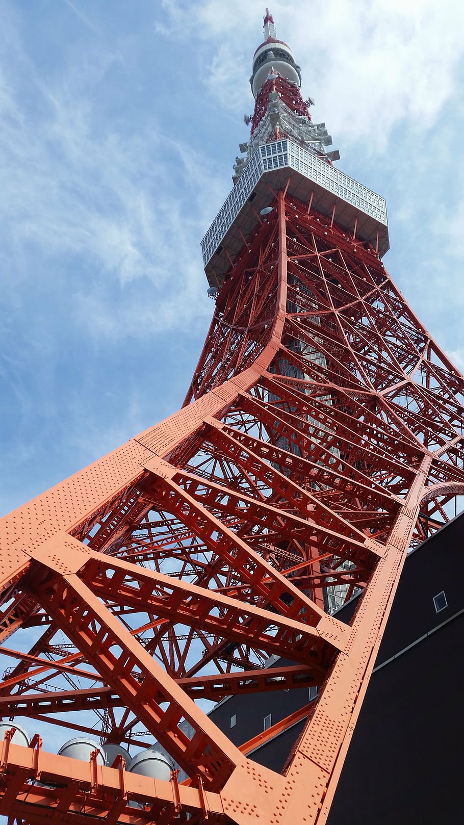 worm-eye, view photo, red, tower, daytime, tokyo tower, shiba, minato-ku, tokyo, japan, high rise
