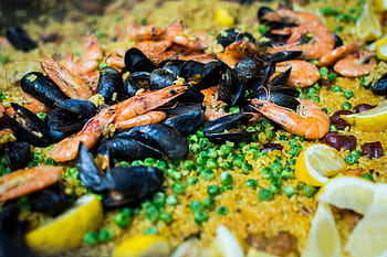 paella z mořských plodů, zavřít, plody moře, paella, zblízka, barvitý, rýže, krevety, španělština, jídlo, gurmán